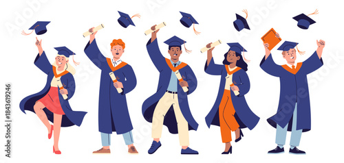 A diverse group of jubilant graduates celebrate their achievement in caps and gowns, capturing the spirit of accomplishment and hope for the future.