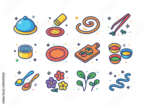 Colorful Food Icons Set. Food Presentation. Colorful isometric v