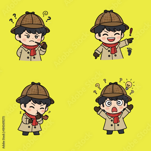 Chibi Boy Detective Sticker Set — Deerstalker Hat, Pipe, Footprint, Surprise & Victory