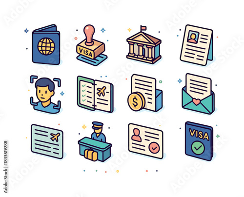 Visa Icon Set. Visa Requirements. Colorful isometric vector icon
