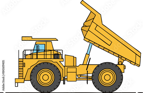 Yellow heavy industrial dump truck tipping vector graphic