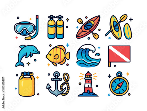 Ocean Adventure Icons. Ocean adventures. Colorful isometric vect