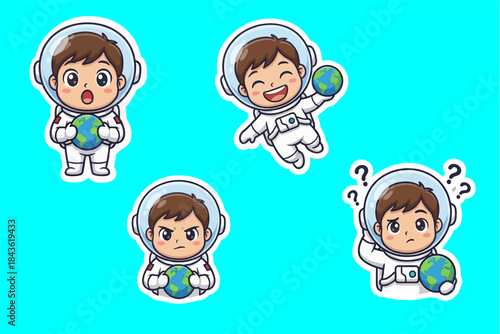 Cute Chibi Astronaut Sticker Set — Brown-Haired Boy in Spacesuit Holding Earth, Five Expressive Faces on Turquoise Background (Digital Illustration)