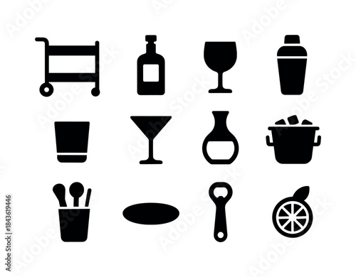Chic Bar Cart Icons. Stylish Bar Cart. Solid icon set of Stylish