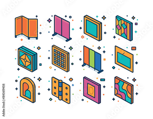 Colorful Home Decor Icons. Home decor panels. Colorful isometric