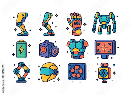 Colorful Exosuit Icons. Advanced exosuits. Colorful isometric ve