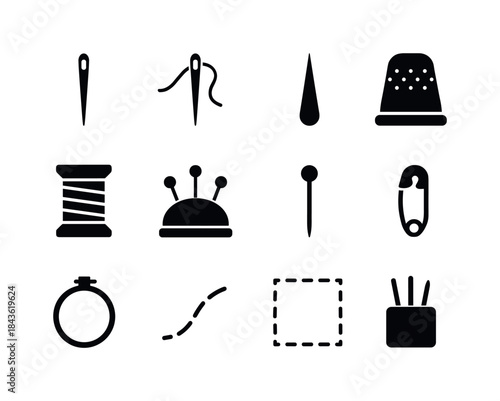 Needle and Thread Icons. Sharp needle. Solid icon set of sharp n