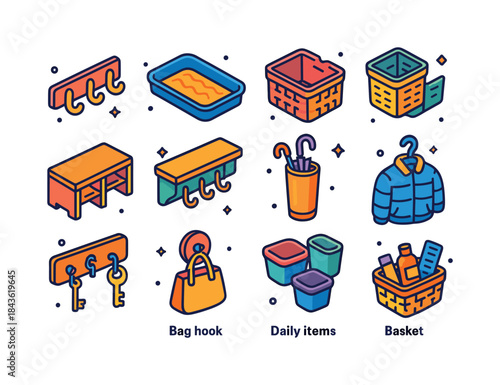 Mudroom Icon Set. Mudroom essentials. Colorful isometric vector
