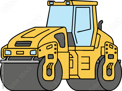 Heavy Yellow Road Roller Machine Cartoon Illustration