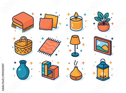Cozy Home Decor Icons. Home comfort decor. Colorful isometric ve