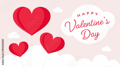 A beautiful illustration celebrating Valentine's Day with three red heart-shaped balloons floating gracefully in a soft pink sky filled with clouds
