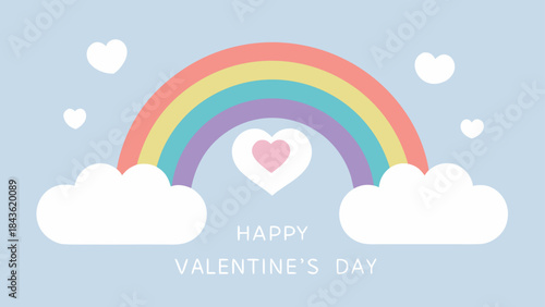 A delightful vector illustration for Valentine's Day featuring a pastel rainbow arching over fluffy clouds with floating hearts in the light blue sky.
