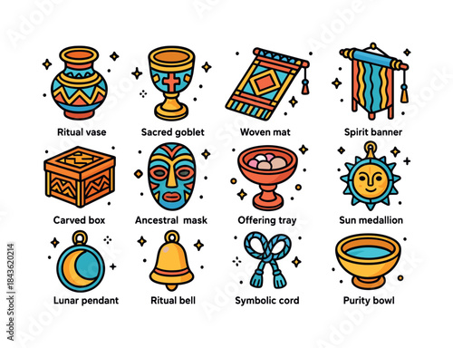 Colorful Ceremonial Icons. Ceremonial objects. Colorful isometri