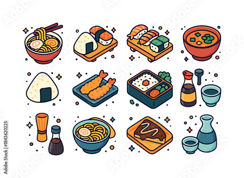 Japanese Food Icons. Japanese food. Colorful isometric vector ic