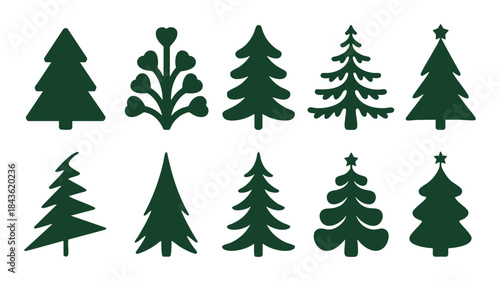 Collection of various evergreen tree silhouettes
