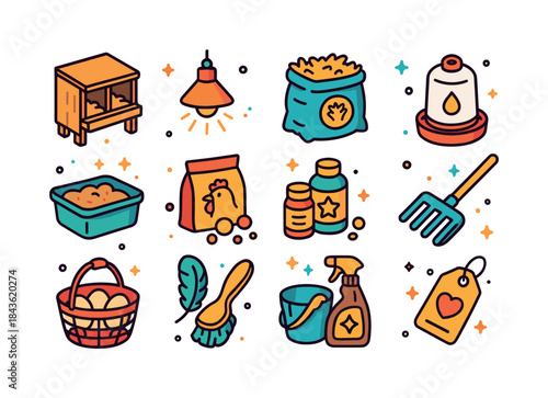 Colorful Chicken Care Icons. Chicken Care. Colorful isometric ve