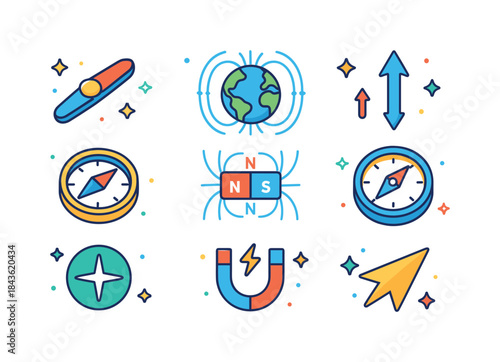 Colorful Compass Icon Set. How a compass works. Colorful isometr