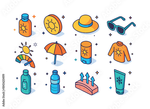 Sun Protection Icons. Sun protection. Colorful isometric vector