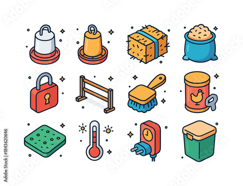 Chicken Coop Essentials. Chicken Coop Supplies. Colorful isometr