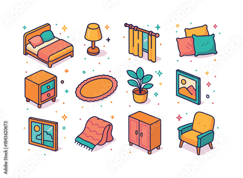 Cozy Bedroom Icons. Cozy bedroom. Colorful isometric vector icon