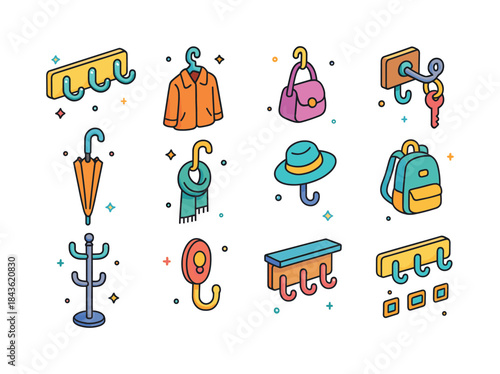Colorful Hook Organization Icons. Using hooks to organize bags a