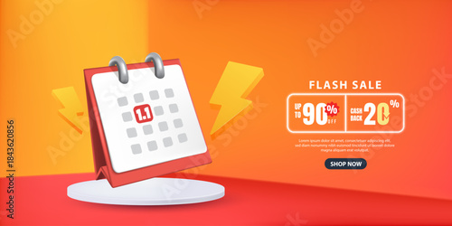 3D Smartphone empty on Orange background. Product presentation, mock up, show cosmetic product, Podium, stage pedestal or platform. Vector illustration