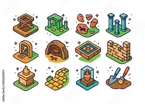 Archaeological Icon Set. Archaeological Sites. Colorful isometri