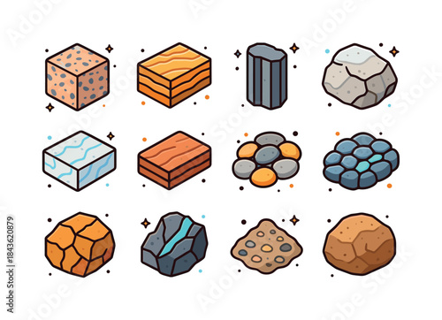 Colorful Stone Icons. Stone Textures. Colorful isometric vector