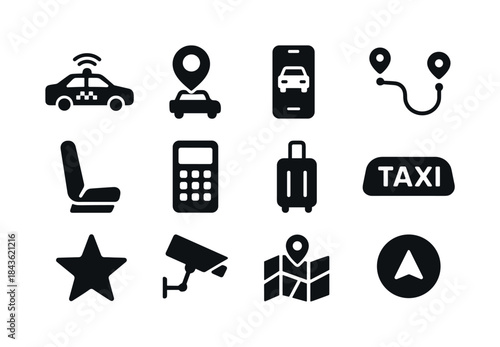 Driverless Taxi Icon Set. Driverless taxis. Solid icon set of Dr