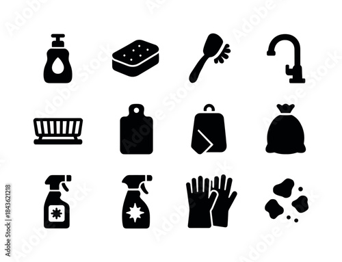 Kitchen Cleaning Icons. Kitchen cleaning. Solid icon set of kitc
