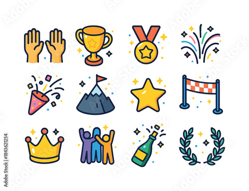 Triumphant Icons Display. Triumph. Colorful isometric vector ico