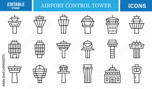 Modern vector airport control tower symbols in clean line style