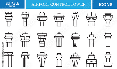 Minimal linear air traffic control tower icon set for travel graphics