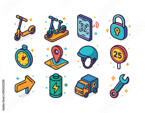 Micromobility Icons Set. Micromobility. Colorful isometric vecto