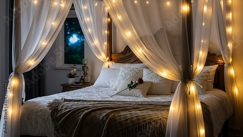 Romantic canopy bed with fairy lights and white linens in dark room