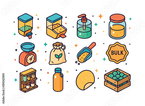 Bright Bulk Shopping Icons. Bulk shopping. Colorful isometric ve