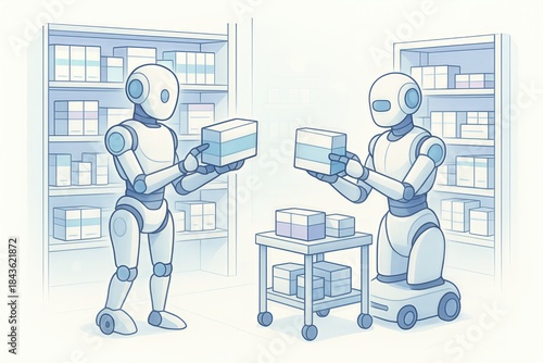 Robotic automation system optimizing inventory management through efficient exchange of packages within a high tech storage environment expressing seamless technological advancement