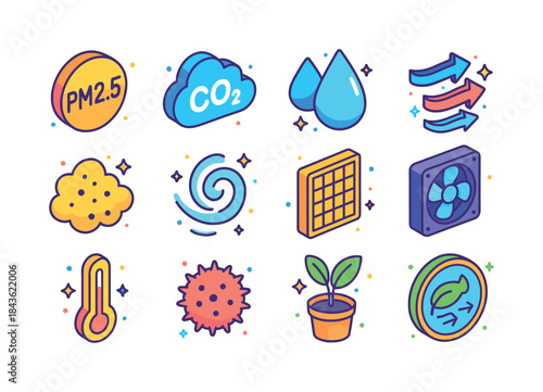 Indoor Air Quality Icons. Indoor air quality. Colorful isometric