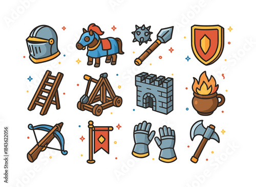 Medieval Battle Icons. Medieval battles. Colorful isometric vect