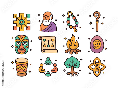 Ancestral Icons Set. Ancestral knowledge. Colorful isometric vec