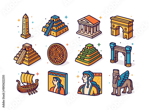 Ancient Icon Grid. Ancient Civilizations. Colorful isometric vec
