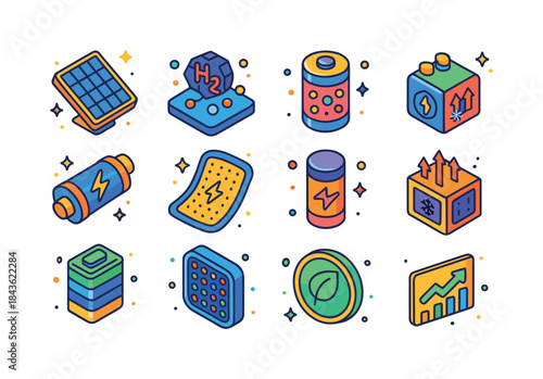 Nano Energy Icons Set. Nano Energy Solutions. Colorful isometric