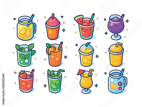 Colorful Summer Drinks Icons. Summer drinks. Colorful isometric