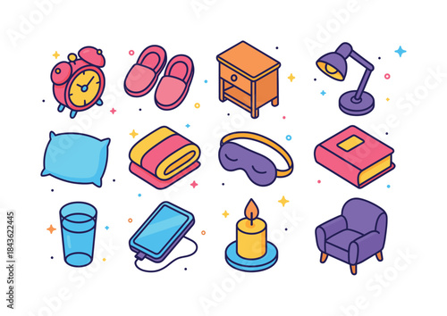 Colorful Bedroom Icons. Bedroom routines. Colorful isometric vec