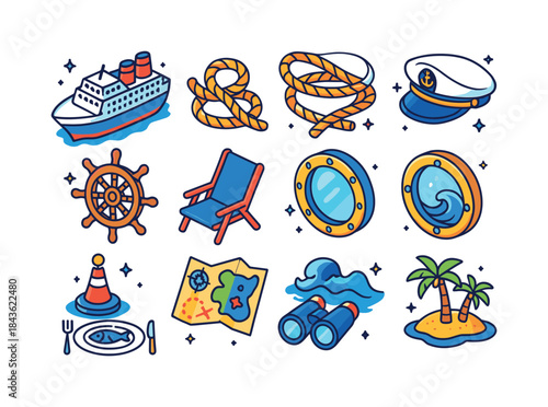 Ocean Cruising Icons. Ocean cruising. Colorful isometric vector