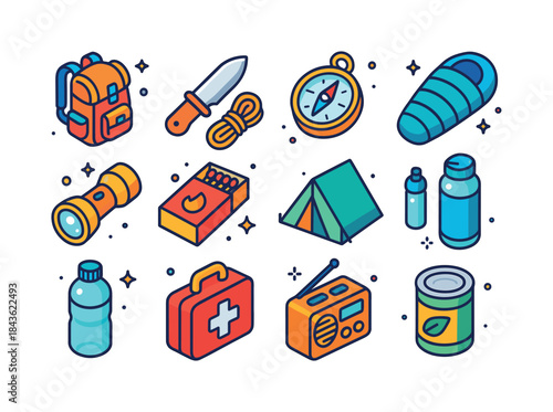 Colorful Survival Gear Icons. Survival gear. Colorful isometric
