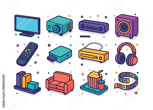 Colorful Home Theater Icons. Home Theater. Colorful isometric ve