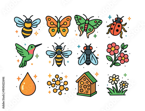 Garden Pollinator Icons. Garden Pollinators. Colorful isometric