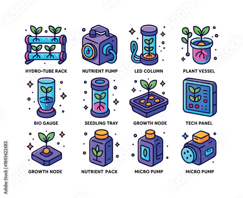 Galactic Hydroponics Icons. Galactic hydroponics. Colorful isome