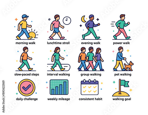 Colorful Walking Routine Icons. Walking Routines. Colorful isome